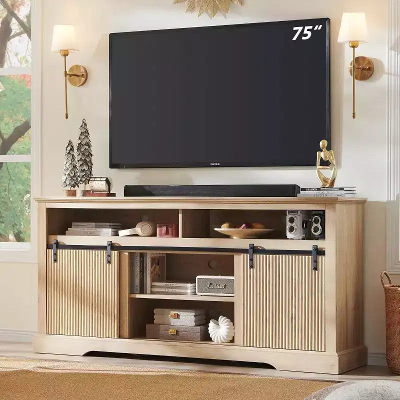 Mueble de TV con puertas correderas (marrón/natural/blanco) para televisores de hasta 70 pulgadas