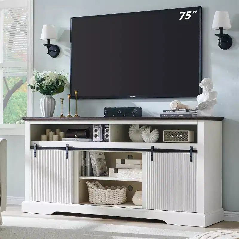 Mastgoal TV Stand for 75inch TVs with Sliding Door, Adjustable Shelf & Storage, 32inch Tall Modern Media Console for Living Room
