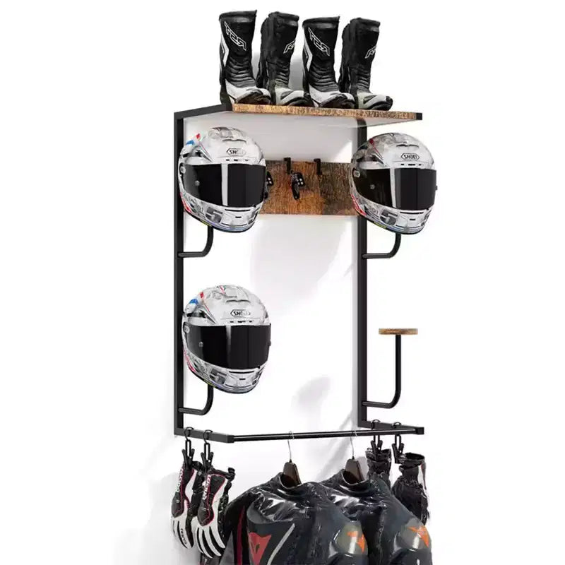 Motorcycle Helmet Holder Wall Mount, Helmet Rack with 4 Hat Stands 4 Gloves Clips & Hooks, Universal Motorcycle Accessories Organizer