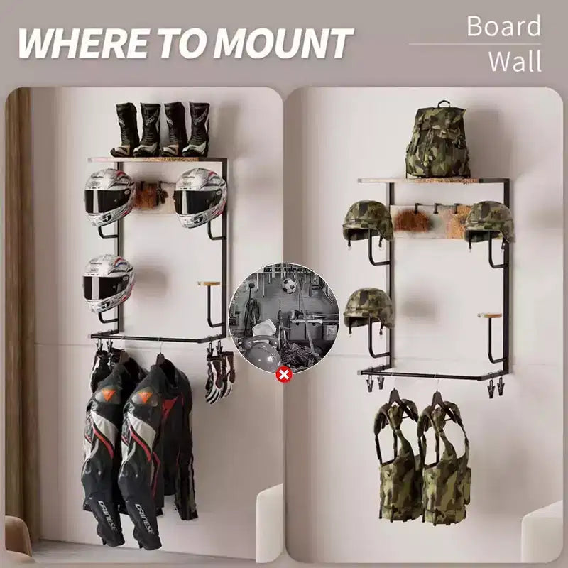 Estante de pared marrón para casco de moto – 1 casco, 4 soportes para gorras, 4 ganchos para guantes