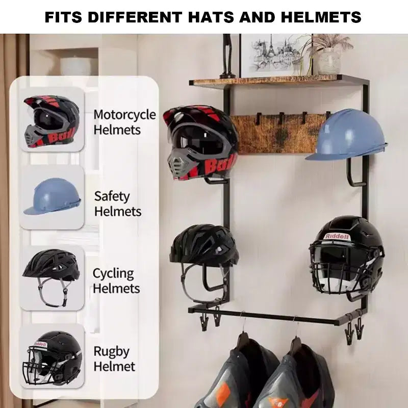 Estante de pared marrón para casco de moto – 1 casco, 4 soportes para gorras, 4 ganchos para guantes
