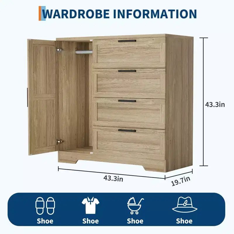 Armario / Ropero de Madera Gris / Roble Natural / Blanco con 4 Cajones y Barra para Colgar, 1 Persona