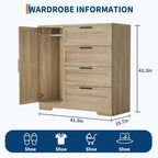 Armario / Ropero de Madera Gris / Roble Natural / Blanco con 4 Cajones y Barra para Colgar, 1 Persona