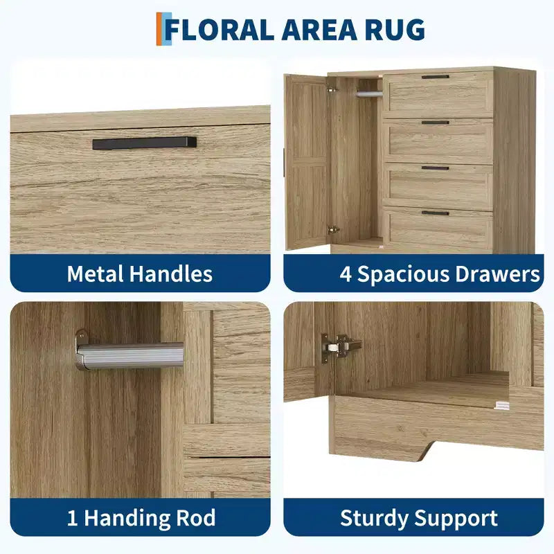 Armario / Ropero de Madera Gris / Roble Natural / Blanco con 4 Cajones y Barra para Colgar, 1 Persona