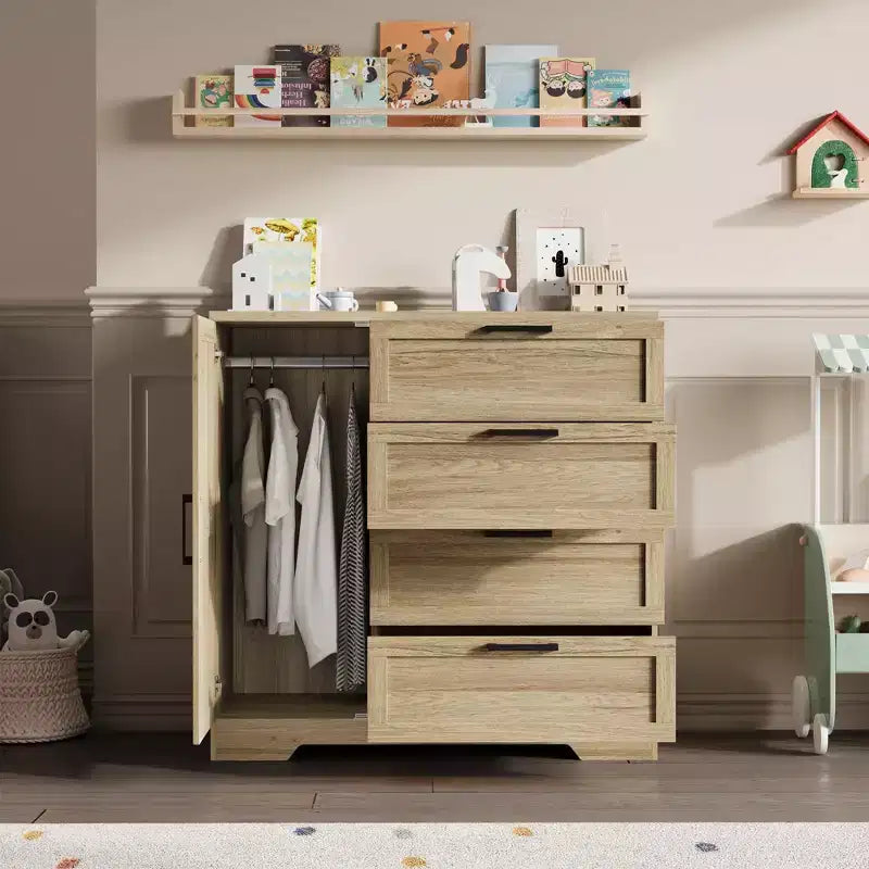 Armario / Ropero de Madera Gris / Roble Natural / Blanco con 4 Cajones y Barra para Colgar, 1 Persona