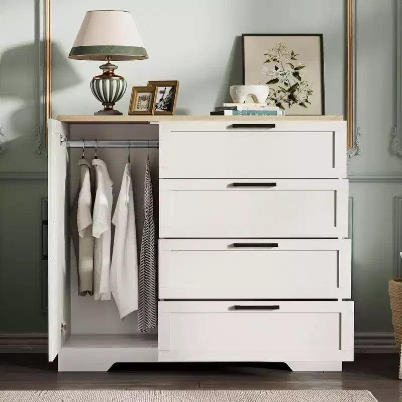 Armario / Ropero de Madera Gris / Roble Natural / Blanco con 4 Cajones y Barra para Colgar, 1 Persona