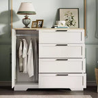 Armario / Ropero de Madera Gris / Roble Natural / Blanco con 4 Cajones y Barra para Colgar, 1 Persona