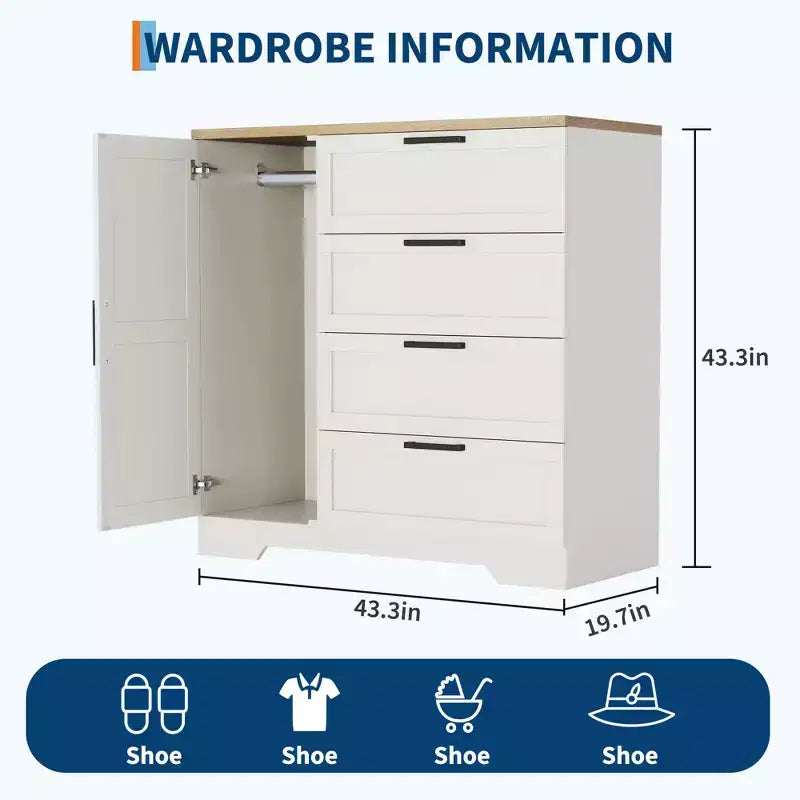Armario / Ropero de Madera Gris / Roble Natural / Blanco con 4 Cajones y Barra para Colgar, 1 Persona