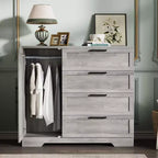Armario / Ropero de Madera Gris / Roble Natural / Blanco con 4 Cajones y Barra para Colgar, 1 Persona
