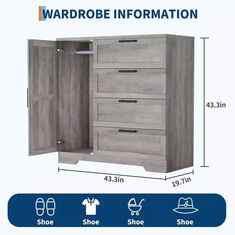 Armario / Ropero de Madera Gris / Roble Natural / Blanco con 4 Cajones y Barra para Colgar, 1 Persona