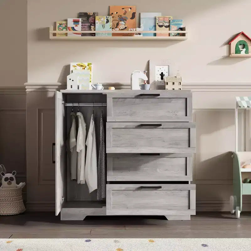 Armario / Ropero de Madera Gris / Roble Natural / Blanco con 4 Cajones y Barra para Colgar, 1 Persona