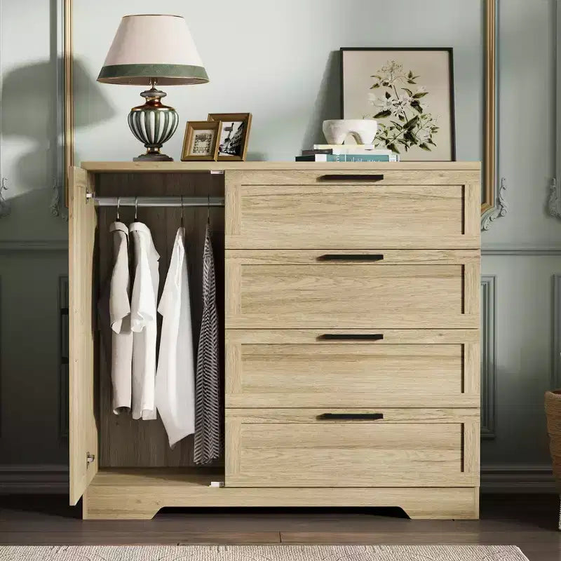 Armario / Ropero de Madera Gris / Roble Natural / Blanco con 4 Cajones y Barra para Colgar, 1 Persona