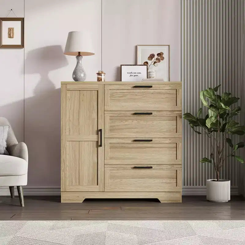 Armario / Ropero de Madera Gris / Roble Natural / Blanco con 4 Cajones y Barra para Colgar, 1 Persona