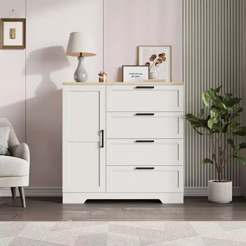 Armario / Ropero de Madera Gris / Roble Natural / Blanco con 4 Cajones y Barra para Colgar, 1 Persona