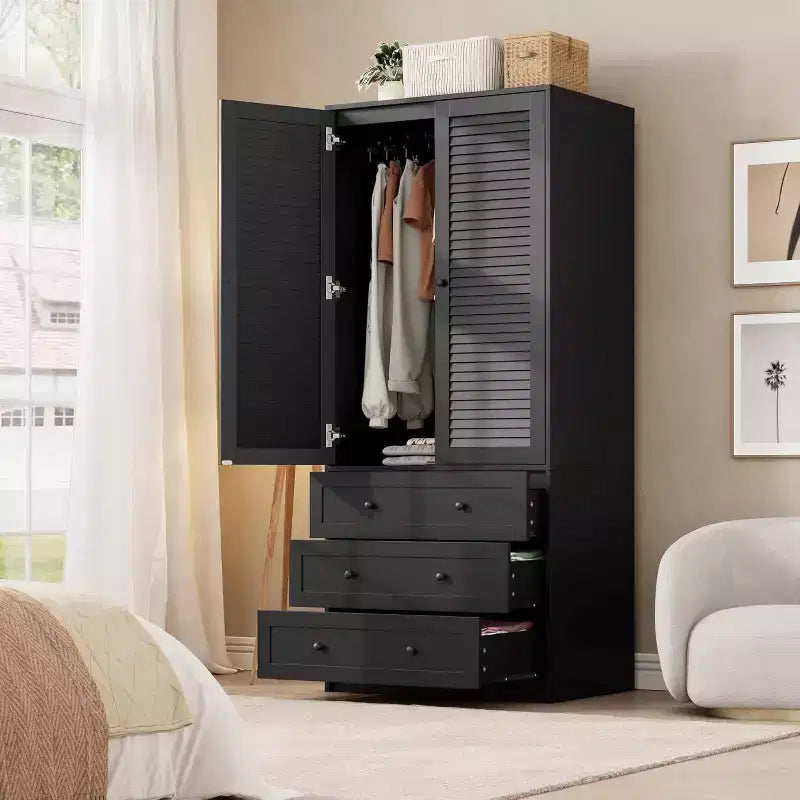Modern Armoire Wardrobe Closet with 3 Drawers & 2 Doors, Tall Standing Wooden Cabinet for Hanging Clothes, Heavy Duty Storage