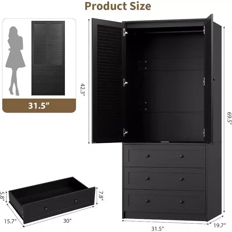 Armario de ratán blanco, 2 puertas con 3 cajones, capacidad para ~20 perchas, montaje para 1 persona