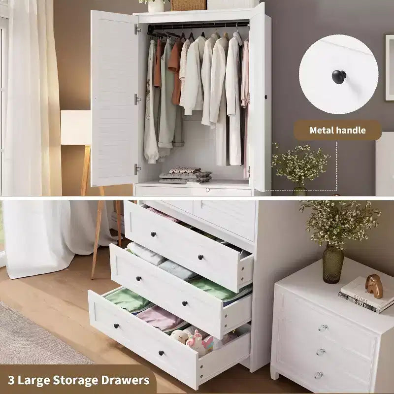 Armario de ratán blanco, 2 puertas con 3 cajones, capacidad para ~20 perchas, montaje para 1 persona