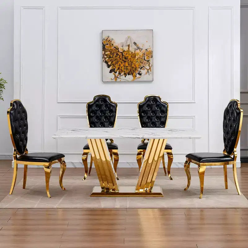 Mesa de comedor rectangular de mármol sintético, moderna, plateada/dorada, de 178 cm, para 6 personas