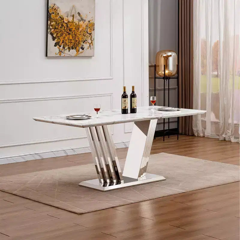 Mesa de comedor rectangular de mármol sintético, moderna, plateada/dorada, de 178 cm, para 6 personas