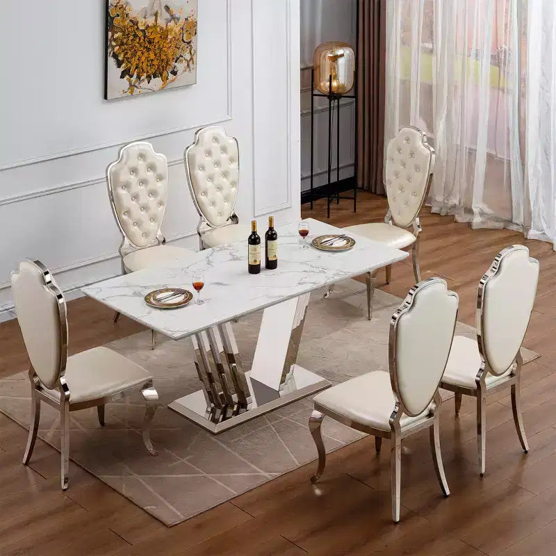 Mesa de comedor rectangular de mármol sintético, moderna, plateada/dorada, de 178 cm, para 6 personas