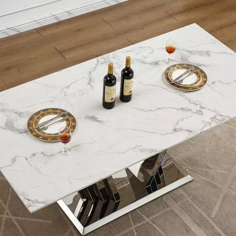 Mesa de comedor rectangular de mármol sintético, moderna, plateada/dorada, de 178 cm, para 6 personas