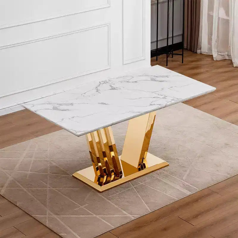 Mesa de comedor rectangular de mármol sintético, moderna, plateada/dorada, de 178 cm, para 6 personas