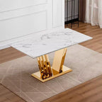 Mesa de comedor rectangular de mármol sintético, moderna, plateada/dorada, de 178 cm, para 6 personas