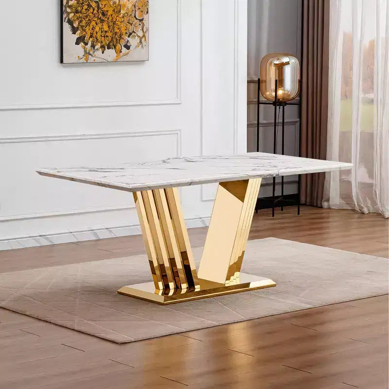 Mesa de comedor rectangular de mármol sintético, moderna, plateada/dorada, de 178 cm, para 6 personas