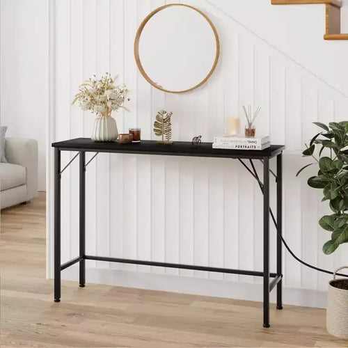 9.1Narrow Console Table with Outlets, Behind Couch Table for Living Room, Sofa Table with Metal & MDF, Industrial Hallway Table for Entryway