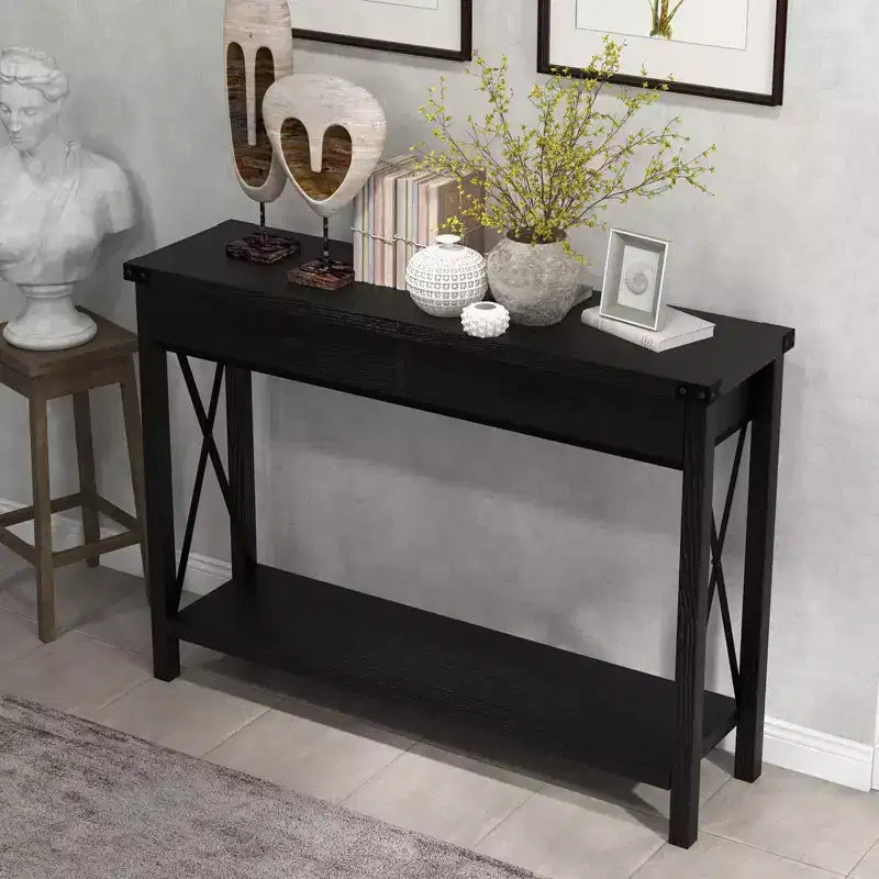 Mesa consola industrial negra con 2 cajones y estante, 109 cm, 1 persona