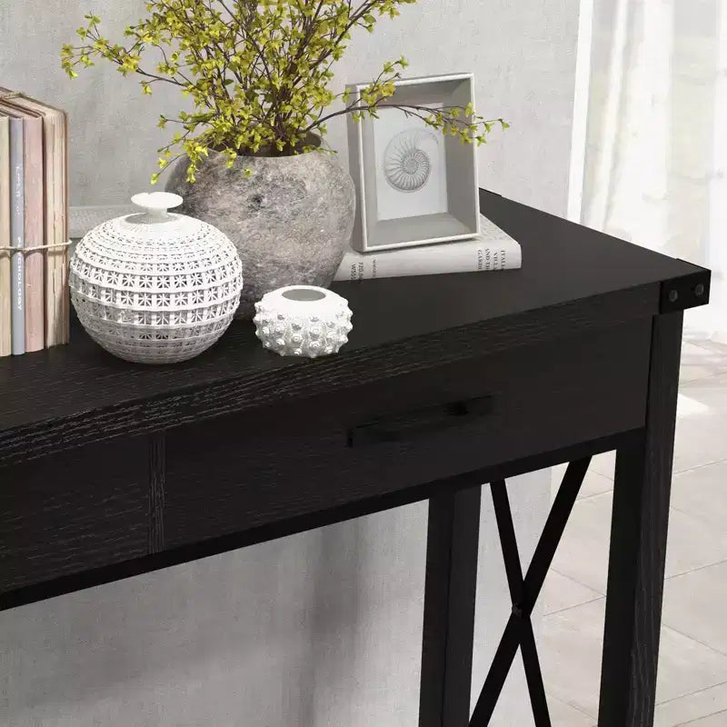 Mesa consola industrial negra con 2 cajones y estante, 109 cm, 1 persona