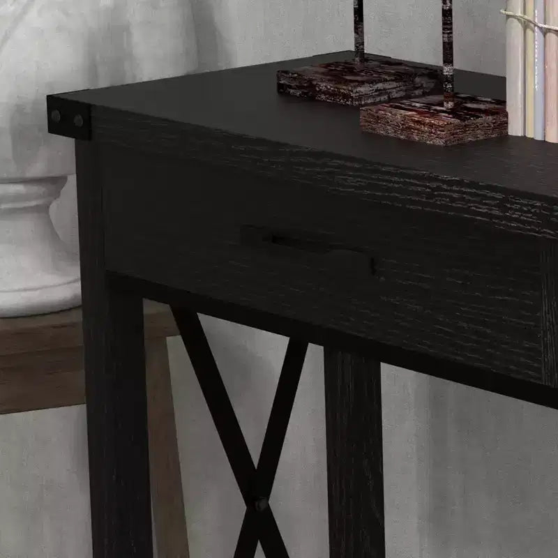 Mesa consola industrial negra con 2 cajones y estante, 109 cm, 1 persona