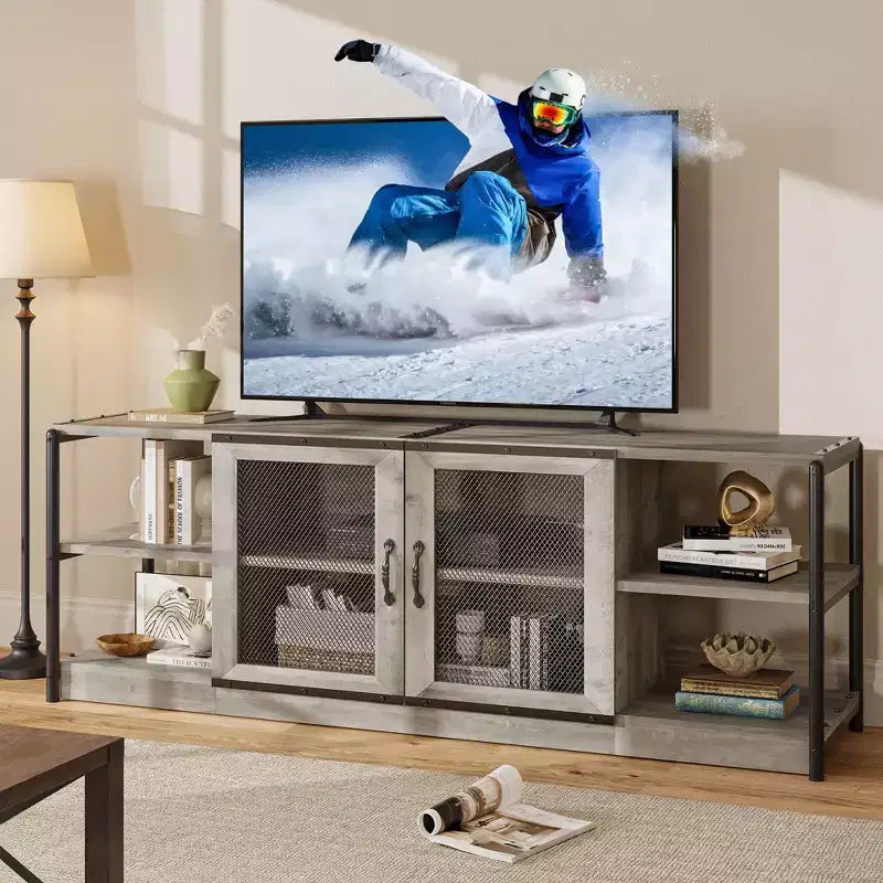 Farmhouse TV Stand for 75/80 inches TVs, Entertainment Center with Storage Cabinet and Mesh Doors, Grey