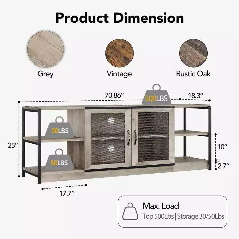 Mueble de TV gris claro estilo rústico para televisores de hasta 75 pulgadas