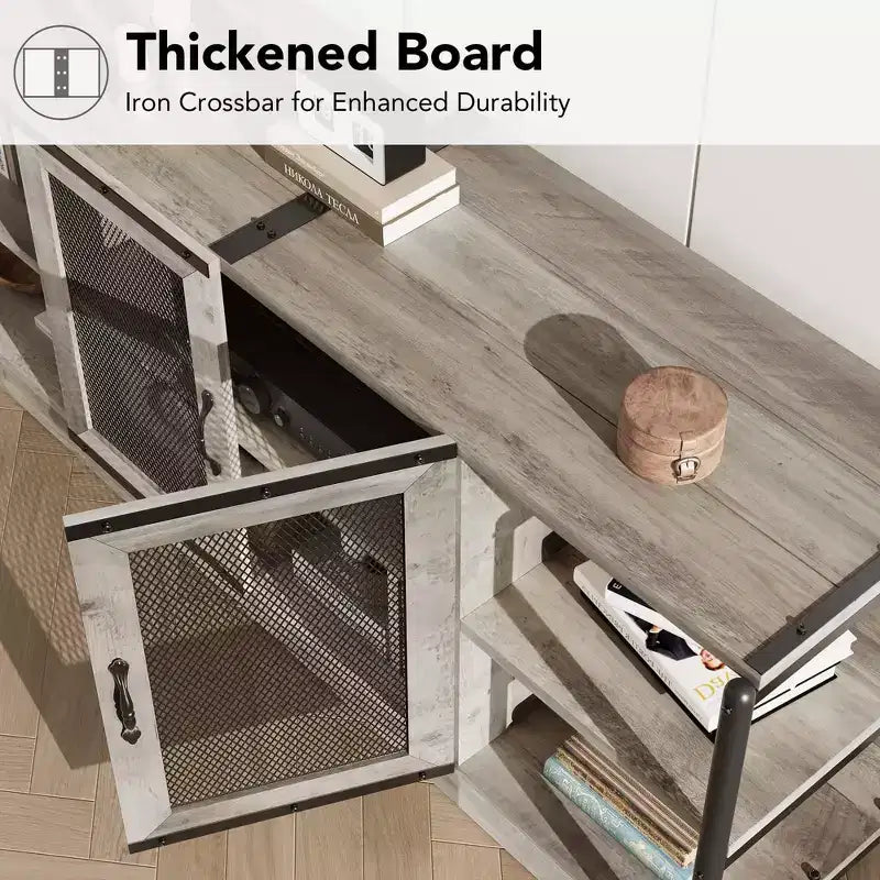 Mueble de TV gris claro estilo rústico para televisores de hasta 75 pulgadas