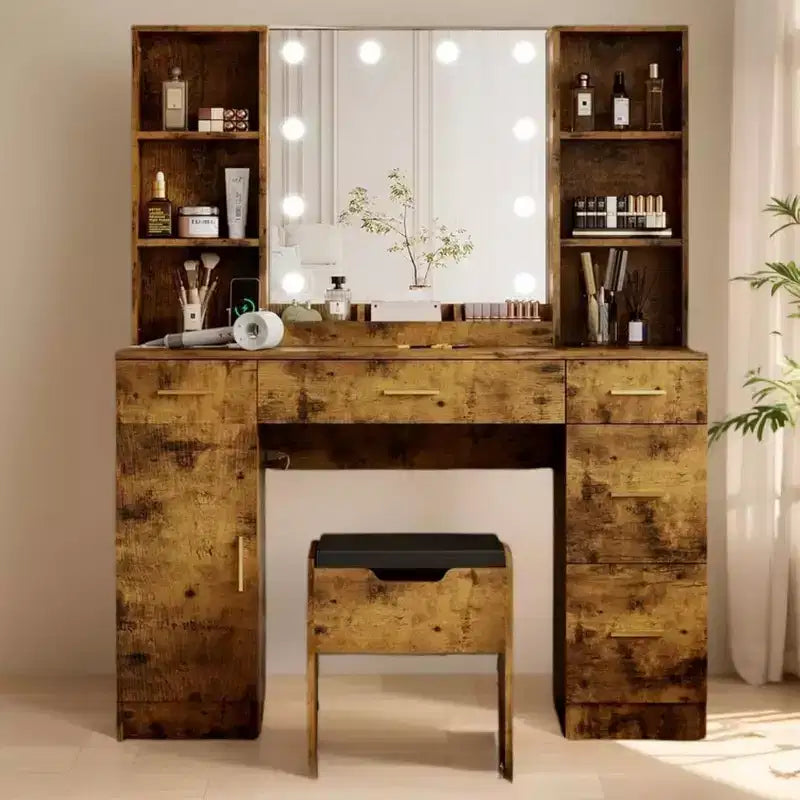 Makeup Vanity Desk, Vanity Set Dressing Table With 5 Drawers ,6 Open Shelves & 1 Cabinets and Multiple Shelves, Large Vanity 45.2L