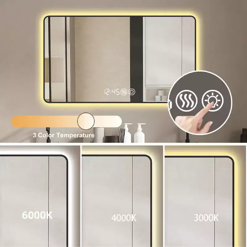 Espejo de pared LED de aluminio negro, 48x32 pulgadas, un solo tocador