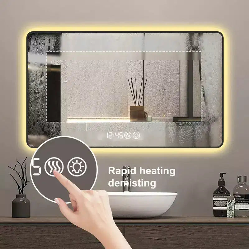 Espejo de pared LED de aluminio negro, 48x32 pulgadas, un solo tocador