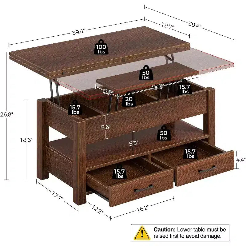 Mesa de centro con tablero elevable y separación en color negro para 2-4 personas