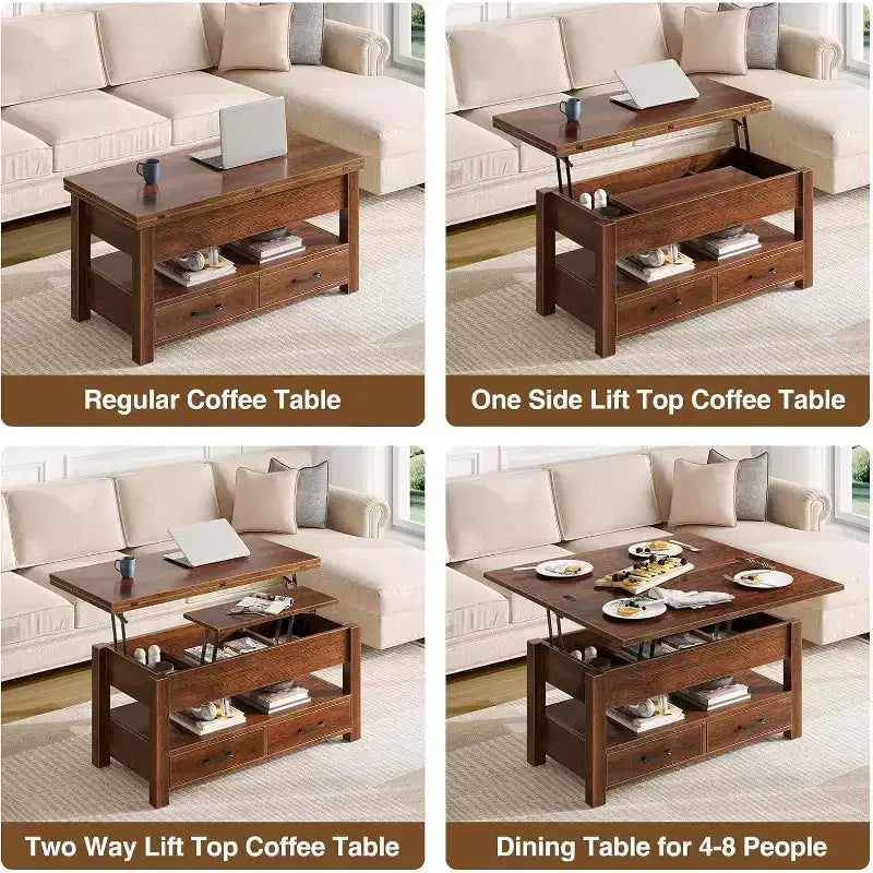Mesa de centro con tablero elevable y separación en color negro para 2-4 personas