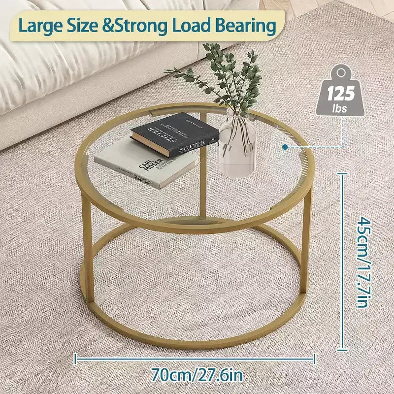 Mesa de centro redonda de cristal negro, estructura metálica, capacidad para 2–4 personas