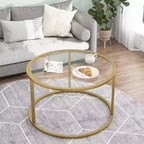 Mesa de centro redonda de cristal negro, estructura metálica, capacidad para 2–4 personas