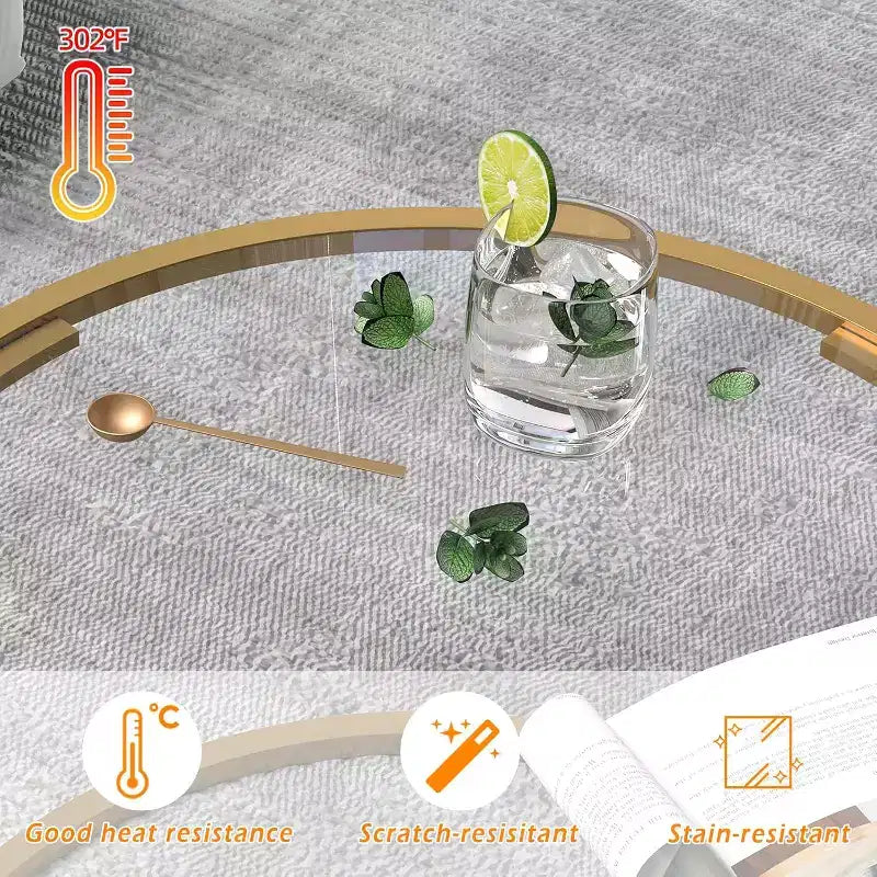 Mesa de centro redonda de cristal negro, estructura metálica, capacidad para 2–4 personas