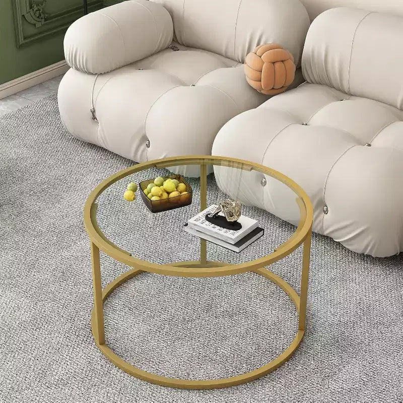 Mesa de centro redonda de cristal negro, estructura metálica, capacidad para 2–4 personas