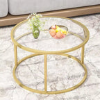 Mesa de centro redonda de cristal negro, estructura metálica, capacidad para 2–4 personas
