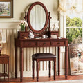 Vanity Desk with Adjustable Angle Mirror, 5 Drawers Makeup Table Set with Cushioned Velvet Stool, Wooden Dressing Table - ModernLuxe