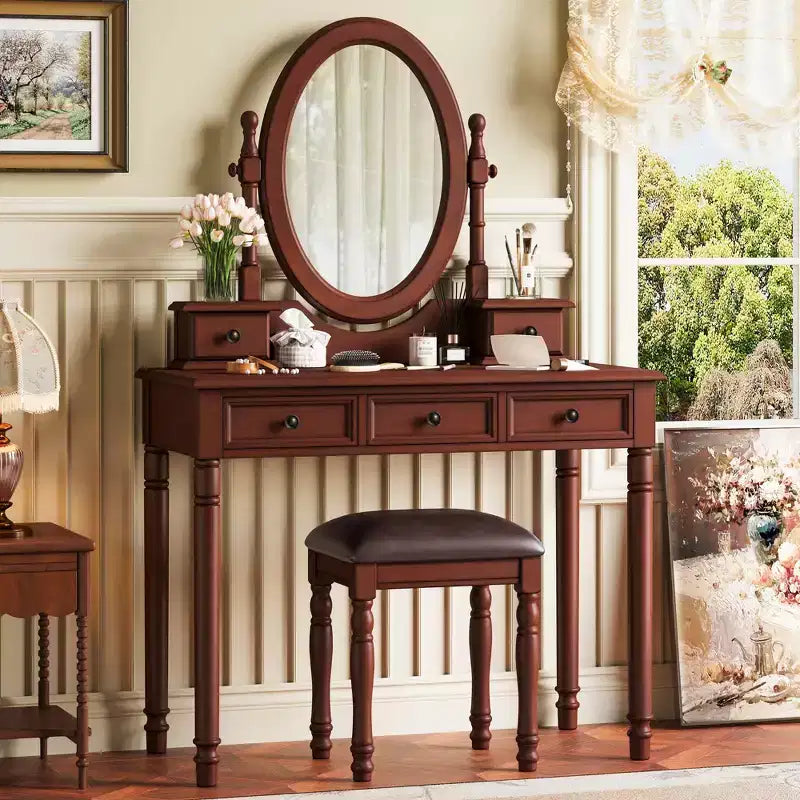 Vanity Desk with Adjustable Angle Mirror, 5 Drawers Makeup Table Set with Cushioned Velvet Stool, Wooden Dressing Table - ModernLuxe