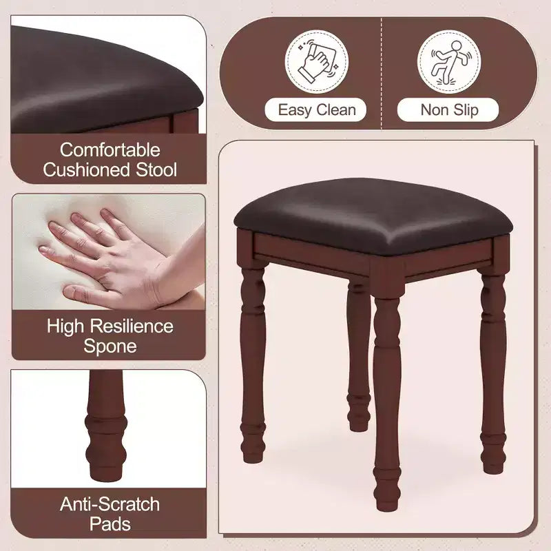Tocador blanco de 2 piezas con espejo y taburete – 1 asiento