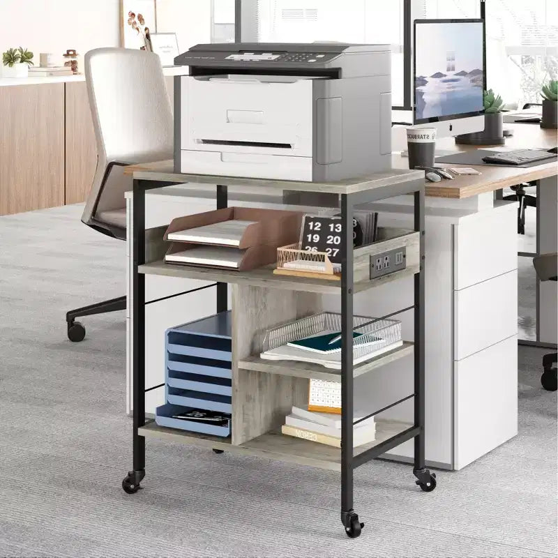 Soporte de impresora rodante de 3 niveles con estantes de almacenamiento – Negro / Gris / Color retro, para 1 persona