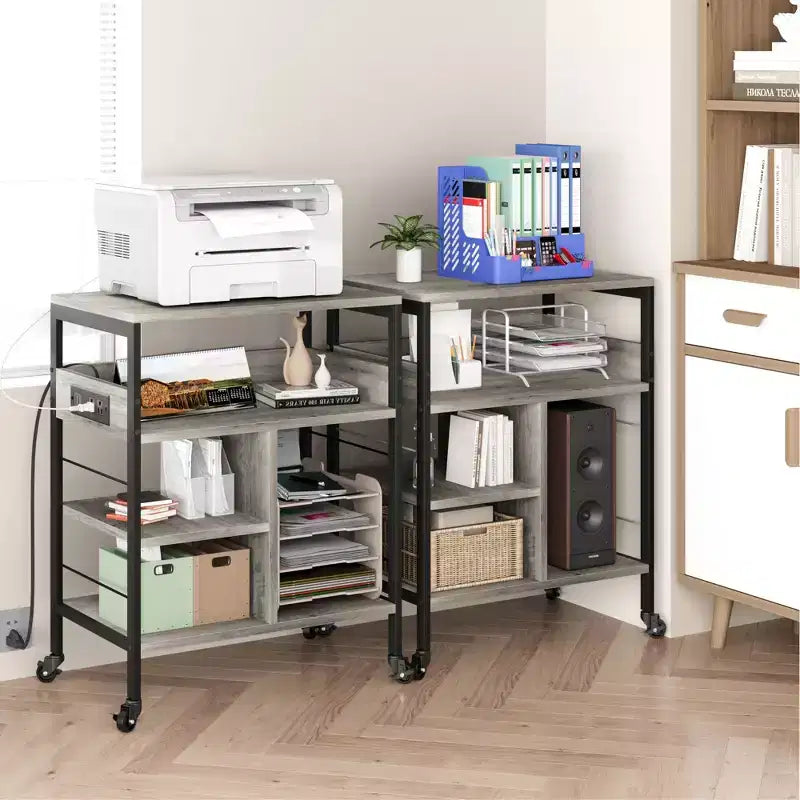 Soporte de impresora rodante de 3 niveles con estantes de almacenamiento – Negro / Gris / Color retro, para 1 persona